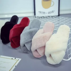 Cozy Open Toe Band Cross Slippers Winter Indoor Outdoor Home Ladies Fluffy Slides Plush Faux Fur Slippers for Women