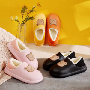 Cartoon Bear Plus Velvet Warm Bag with Waterproof Thick Bottom Non-slip Home Couple Cotton slippers for Woman