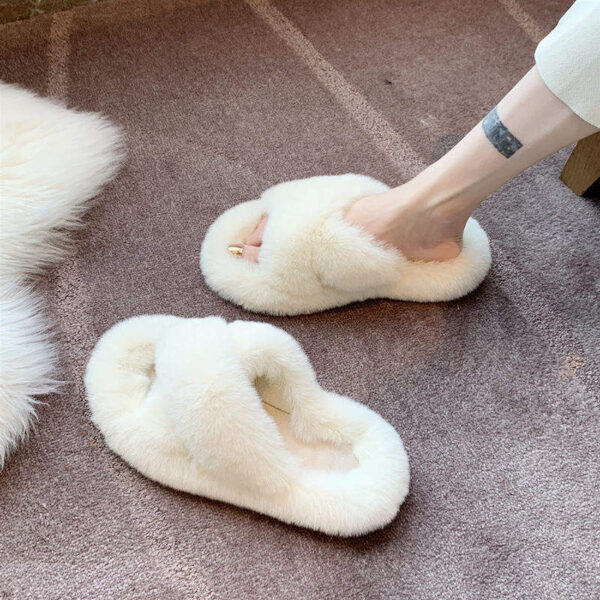 China Factory Home Shoes Ladies Cross Soft Plush Furry Open Toe Slides Women Faux Fur Slippers - Image 3