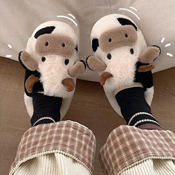 Fuzzy Slippers Cute Women Kawaii Slippers Fluffy Cow Cotton House Slippers - Image 4