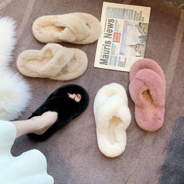 China Factory Home Shoes Ladies Cross Soft Plush Furry Open Toe Slides Women Faux Fur Slippers - Image 4