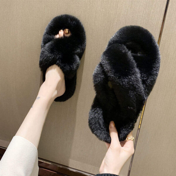 China Factory Home Shoes Ladies Cross Soft Plush Furry Open Toe Slides Women Faux Fur Slippers - Image 5