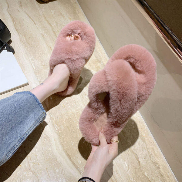 China Factory Home Shoes Ladies Cross Soft Plush Furry Open Toe Slides Women Faux Fur Slippers - Image 6