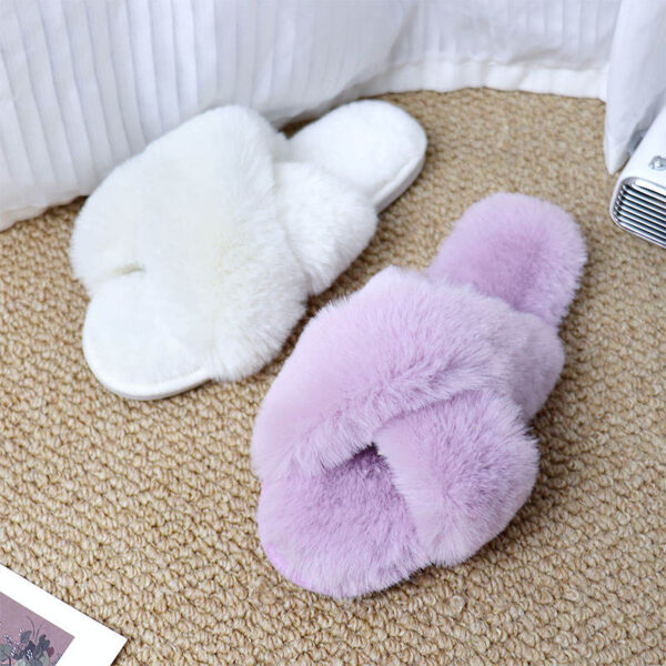 Cozy Open Toe Band Cross Slippers Winter Indoor Outdoor Home Ladies Fluffy Slides Plush Faux Fur Slippers for Women - Image 7